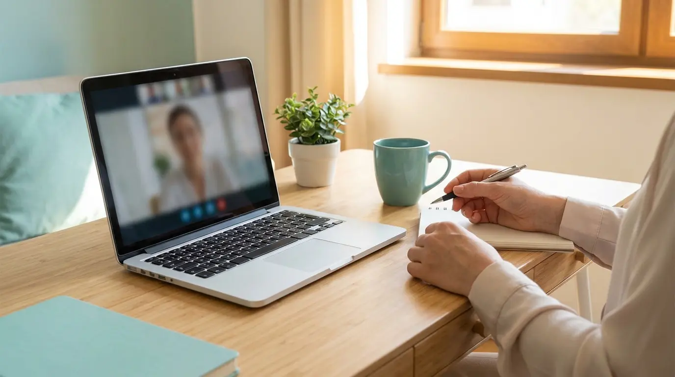 Laptop on a desk showing a therapist during a video call, with a notebook and pen ready to take notes